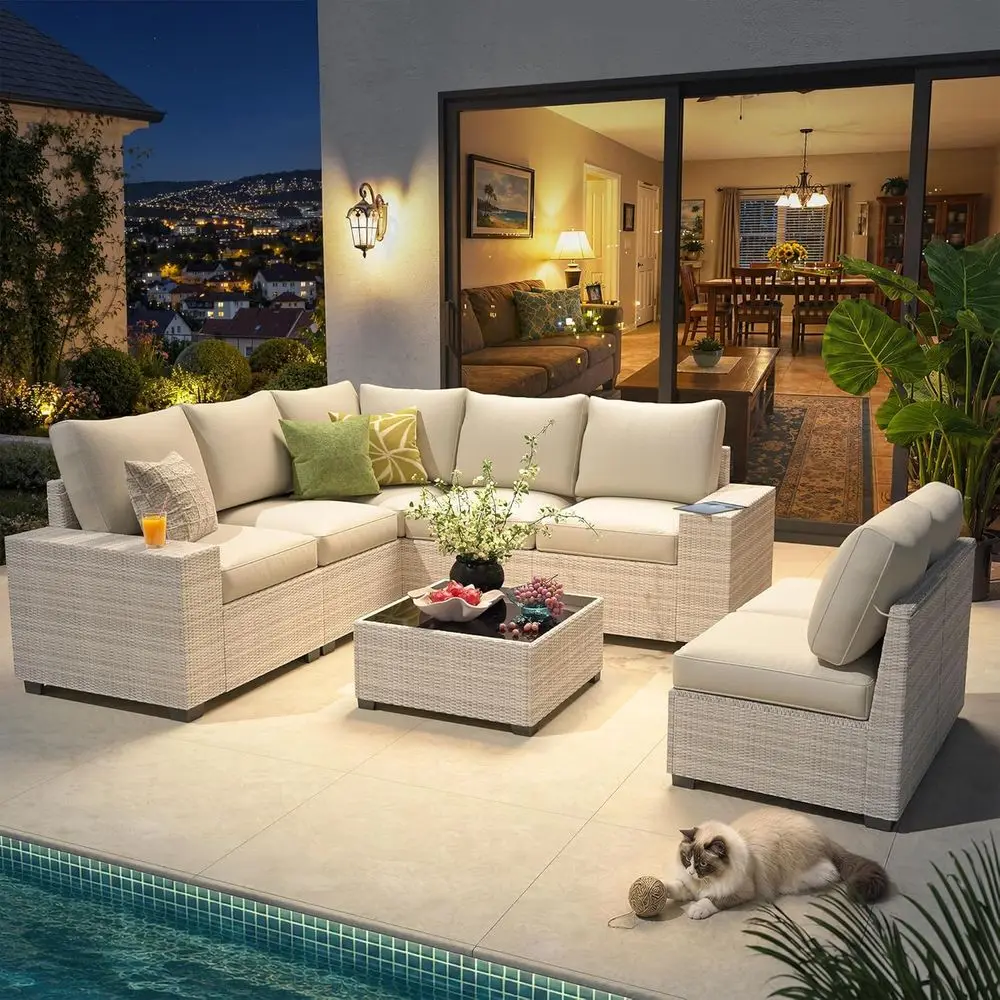 8-Piece Beige Outdoor Patio Sectional Furniture Set with Rattan Wicker and Waterproof Cushions
8-Piece Beige Outdoor Patio Sectional Furniture Set with Rattan Wicker and Waterproof Cushions