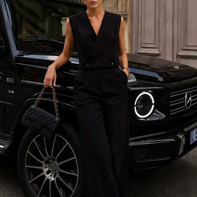Casual Sleeveless Short Vest+Wide Leg Pants 2pc Set Simple Solid High Waist Suit Elegant V-Neck Slim Fit Office Commute Outfit
Casual Sleeveless Short Vest+Wide Leg Pants 2pc Set Simple Solid High Waist Suit Elegant V-Neck Slim Fit Office Commute Outfit