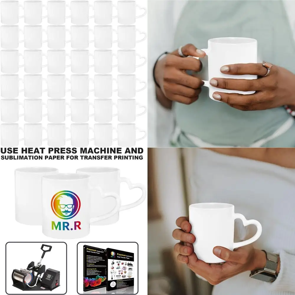 36-Piece Set of White Ceramic Heart Handle Coffee Mugs, 11oz Sublimation Blanks, Dishwasher Safe Classic Drinking Cups
36-Piece Set of White Ceramic Heart Handle Coffee Mugs, 11oz Sublimation Blanks, Dishwasher Safe Classic Drinking Cups
