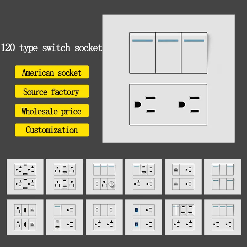 120 Type American Standard Six-Hole Switch Socket USB Type-c Wall Concealed Charging Socket 1/2/3Gang 2Way Switch US Socket
120 Type American Standard Six-Hole Switch Socket USB Type-c Wall Concealed Charging Socket 1/2/3Gang 2Way Switch US Socket