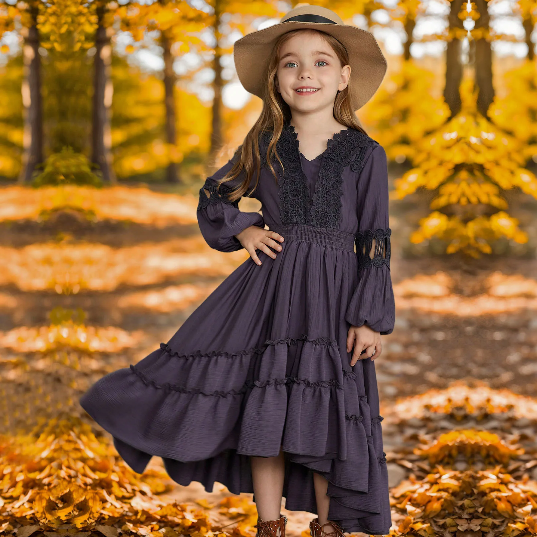 Bohemian Style Spring and Autumn Girl's New Lace Lantern Sleeve Ruffled V-Neck Long Sleeved Fashionable and Atmospheric Dress
Bohemian Style Spring and Autumn Girl's New Lace Lantern Sleeve Ruffled V-Neck Long Sleeved Fashionable and Atmospheric Dress