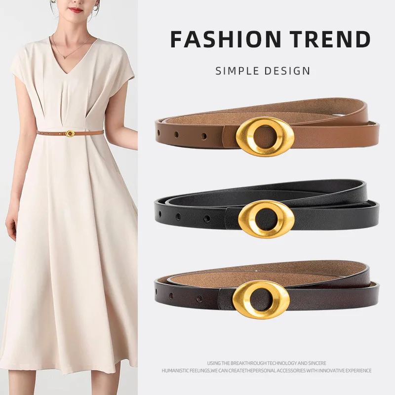 Genuine leather fashion cowhide belt for women, round gold buckle versatile fashion dress decoration thin belt
Genuine leather fashion cowhide belt for women, round gold buckle versatile fashion dress decoration thin belt