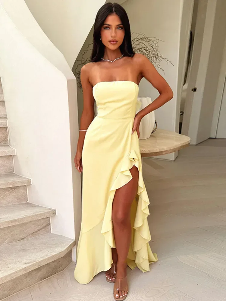 Laxsesu Off-shoulder Strapless Ruffled Sexy Maxi Dress Women Summer Fashion Backless Bow Thigh High Split Club Long Dress
Laxsesu Off-shoulder Strapless Ruffled Sexy Maxi Dress Women Summer Fashion Backless Bow Thigh High Split Club Long Dress