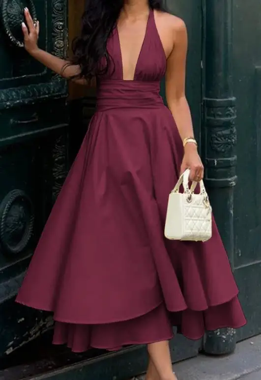 Women's Dress Summer New Fashion Gorgeous Princess Style Solid Deep V-Neck High Waist Layered Ruffle Edge Hanging Neck Dress
Women's Dress Summer New Fashion Gorgeous Princess Style Solid Deep V-Neck High Waist Layered Ruffle Edge Hanging Neck Dress