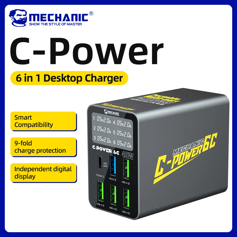 MECHANIC 40W USB Charger 6-ports Type C Charging Station Multiple Devices Fast Charger Station Desktop For MacBook iPhone
MECHANIC 40W USB Charger 6-ports Type C Charging Station Multiple Devices Fast Charger Station Desktop For MacBook iPhone