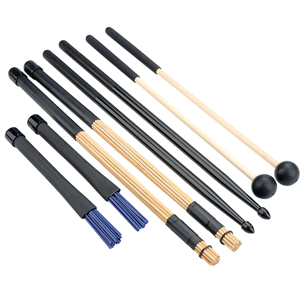 4 Pairs Drum Sticks Mallets Brushes Set for Percussion Instruments, Includes Wooden Drumsticks, Rubber Mallets & Wire Brushes
4 Pairs Drum Sticks Mallets Brushes Set for Percussion Instruments, Includes Wooden Drumsticks, Rubber Mallets & Wire Brushes
