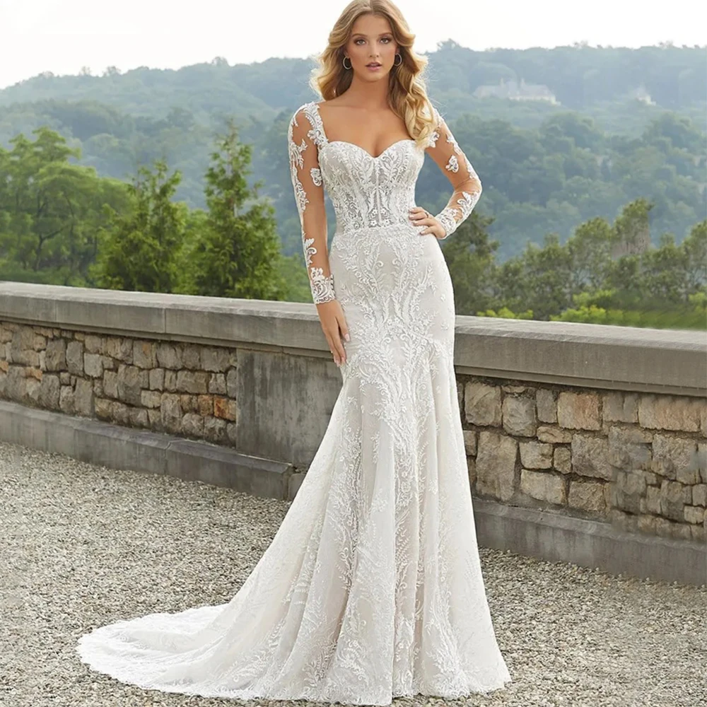 Luxury Lace Applique Mermaid Wedding Dress Sexy Illusion Tulle Long Sleeves and Open Back Bridal Sweep Train with Buttons Gowns
Luxury Lace Applique Mermaid Wedding Dress Sexy Illusion Tulle Long Sleeves and Open Back Bridal Sweep Train with Buttons Gowns