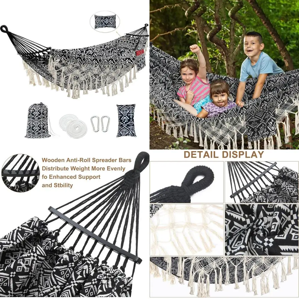 Double Person Hammock with Pillow, Portable Carry Bag, Macrame Fringe, Curved Bar, Side Pockets, Polycotton, 450 lbs Capacity, I
Double Person Hammock with Pillow, Portable Carry Bag, Macrame Fringe, Curved Bar, Side Pockets, Polycotton, 450 lbs Capacity, I