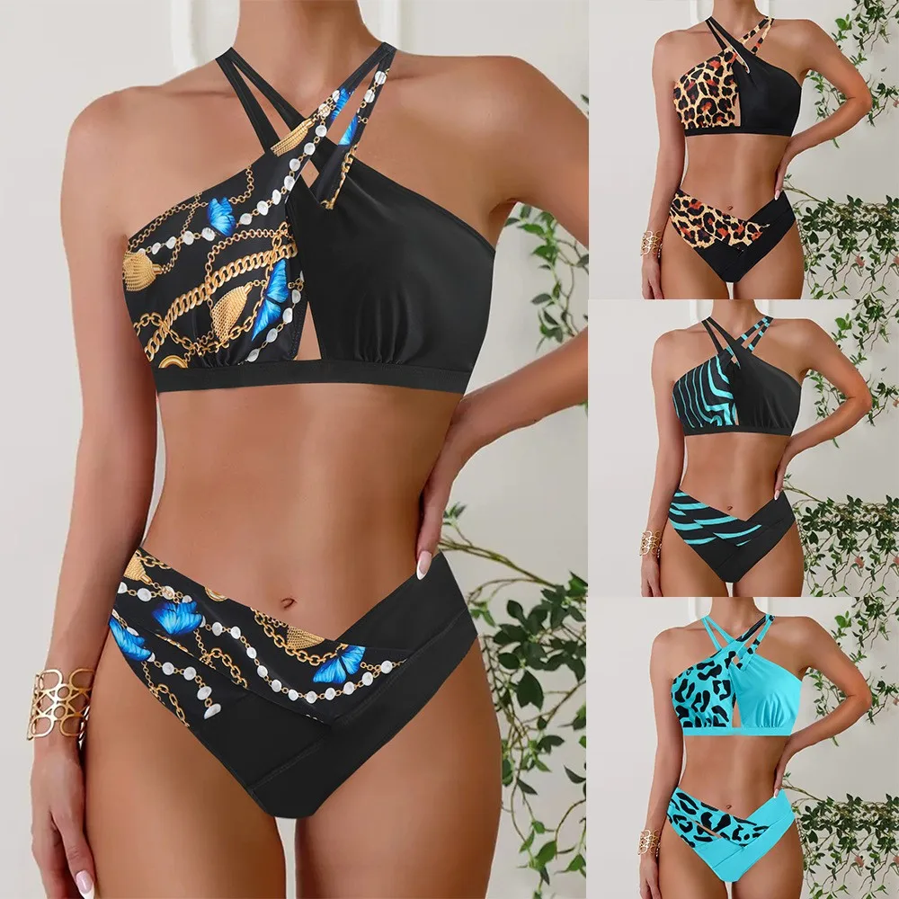 Woman 2026 Bikini Sleeveless Halfer Top Cross Back Straps Bikinis High Waist Bottom V Cut Front Swimwear Chain Print Leopard
Woman 2026 Bikini Sleeveless Halfer Top Cross Back Straps Bikinis High Waist Bottom V Cut Front Swimwear Chain Print Leopard