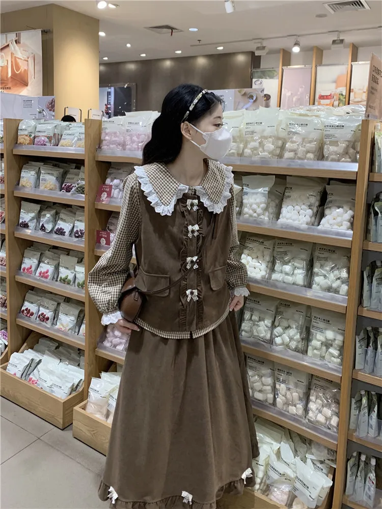 Retro Doll Collar irt Vest A-Line Skirt Set Women's Autumn Winter Faion Ensemble Japanese Sle Pure Color Casual Wear
Retro Doll Collar irt Vest A-Line Skirt Set Women's Autumn Winter Faion Ensemble Japanese Sle Pure Color Casual Wear