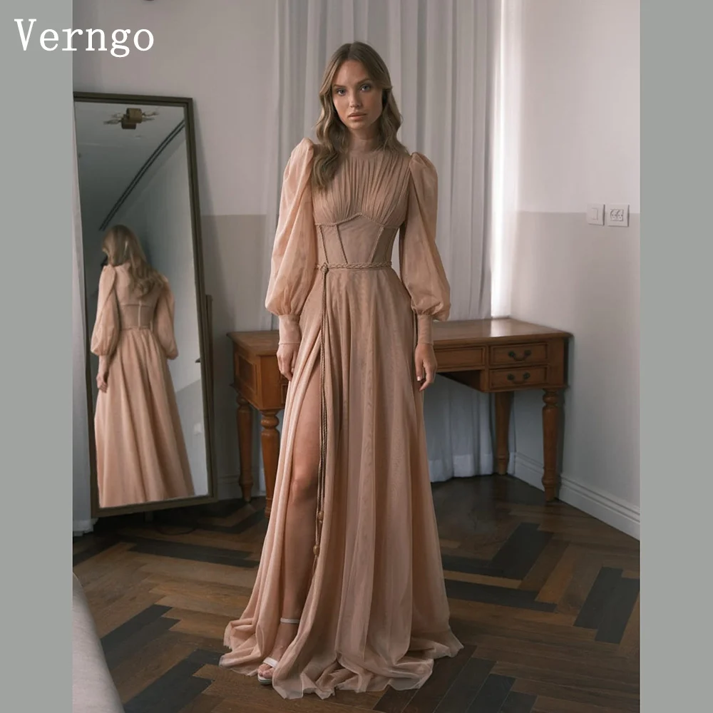Verngo Pink Chiffon Evening Dress O Neck Full Sleeves A Line Pleated Formal Occasion Dresses Women Modest Prom Gowns Customized
Verngo Pink Chiffon Evening Dress O Neck Full Sleeves A Line Pleated Formal Occasion Dresses Women Modest Prom Gowns Customized