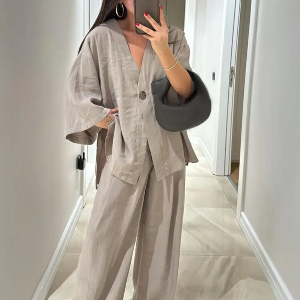 Women's Loose Two Piece Outfit Long Sleeve V Neck One Button Shirts High Waist Pants Set Casual Lounge Set Solid Female Pants
Women's Loose Two Piece Outfit Long Sleeve V Neck One Button Shirts High Waist Pants Set Casual Lounge Set Solid Female Pants