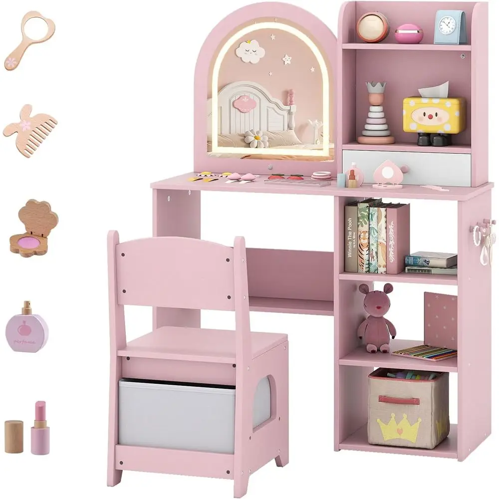 Lighted Girls Vanity Set with Mirror, Storage, Hooks, Shelves, Toddler Makeup Desk, Pink Wooden Vanity Table and Chair
Lighted Girls Vanity Set with Mirror, Storage, Hooks, Shelves, Toddler Makeup Desk, Pink Wooden Vanity Table and Chair