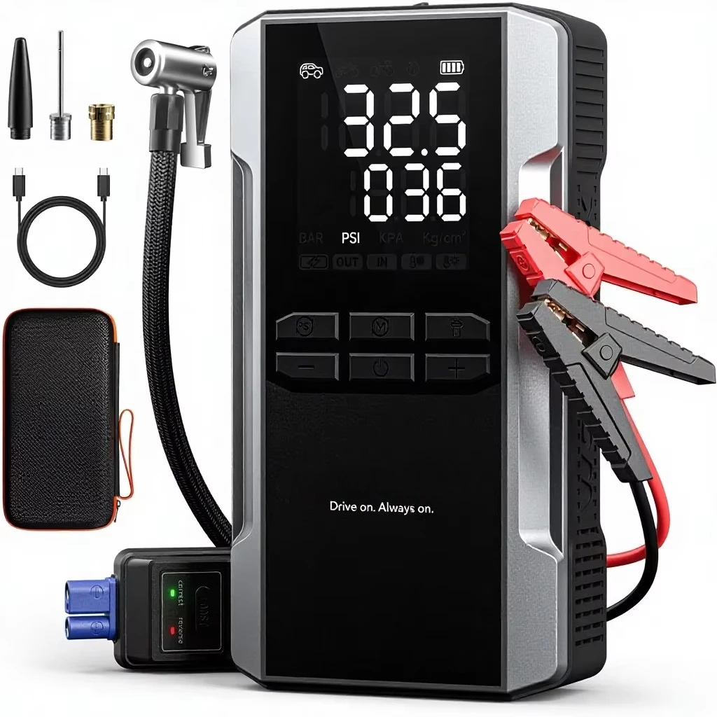 3000A emergency start power supply, pneumatic compressor 59.2Wh 160PSI portable car battery 65W fast charging 12V battery pack
3000A emergency start power supply, pneumatic compressor 59.2Wh 160PSI portable car battery 65W fast charging 12V battery pack