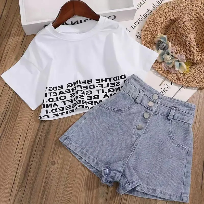 Summer Kids Girls Clothes Set Teen Girl Crop Tops T-shirt + Denim shorts 2pcs Girl Outfits Baby Girls Clothing 4 -12 year
Summer Kids Girls Clothes Set Teen Girl Crop Tops T-shirt + Denim shorts 2pcs Girl Outfits Baby Girls Clothing 4 -12 year