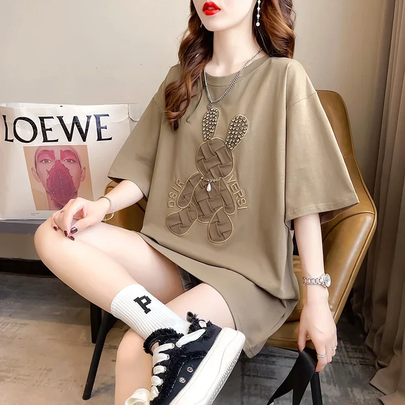 Loose O-neck Bottoming Top Diamond Bunny All-match Casual Female Tees Cotton Short Sleeve Women T-shirt 2025 New Summer
Loose O-neck Bottoming Top Diamond Bunny All-match Casual Female Tees Cotton Short Sleeve Women T-shirt 2025 New Summer