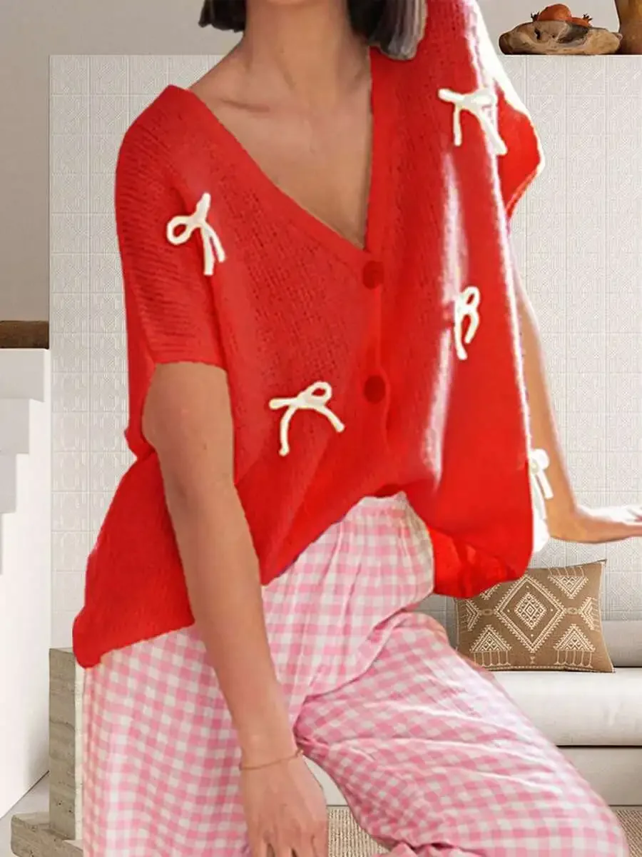 Women Red Bow Trim V-Neck Short Sleeve Knit Cardigan Casual Loose Lightweight Summer Top
Women Red Bow Trim V-Neck Short Sleeve Knit Cardigan Casual Loose Lightweight Summer Top