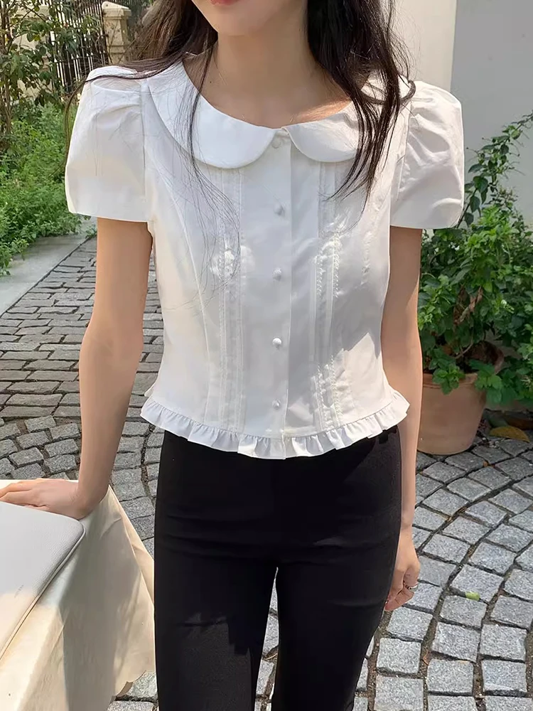 Chic Summer Sweet Anti-Aging Doll Collar Pleated Splice Wooden Ear ort Bubble Sve irt Women's Korean Sle Loose Fit
Chic Summer Sweet Anti-Aging Doll Collar Pleated Splice Wooden Ear ort Bubble Sve irt Women's Korean Sle Loose Fit