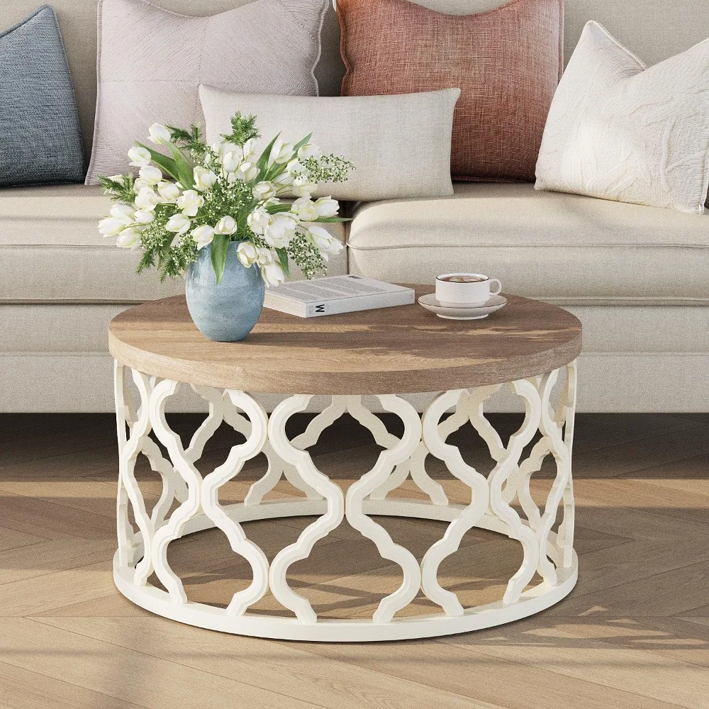 Rustic French-Inspired Round Coffee Table with Coastal Charm and Distressed Wood Surface
Rustic French-Inspired Round Coffee Table with Coastal Charm and Distressed Wood Surface