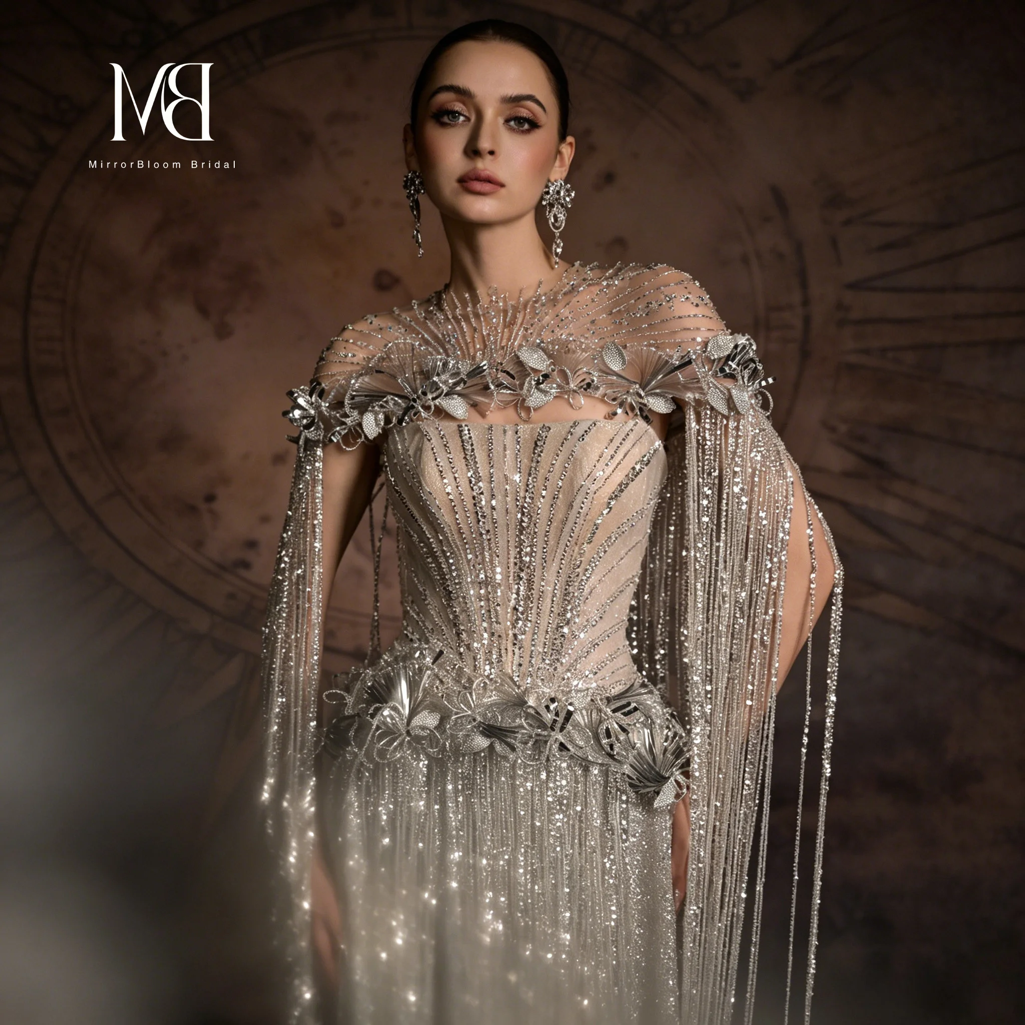 Glamorous silver strapless sleeveless floor-length formal ball gown featuring crystal beadwork and fringe detailing
Glamorous silver strapless sleeveless floor-length formal ball gown featuring crystal beadwork and fringe detailing