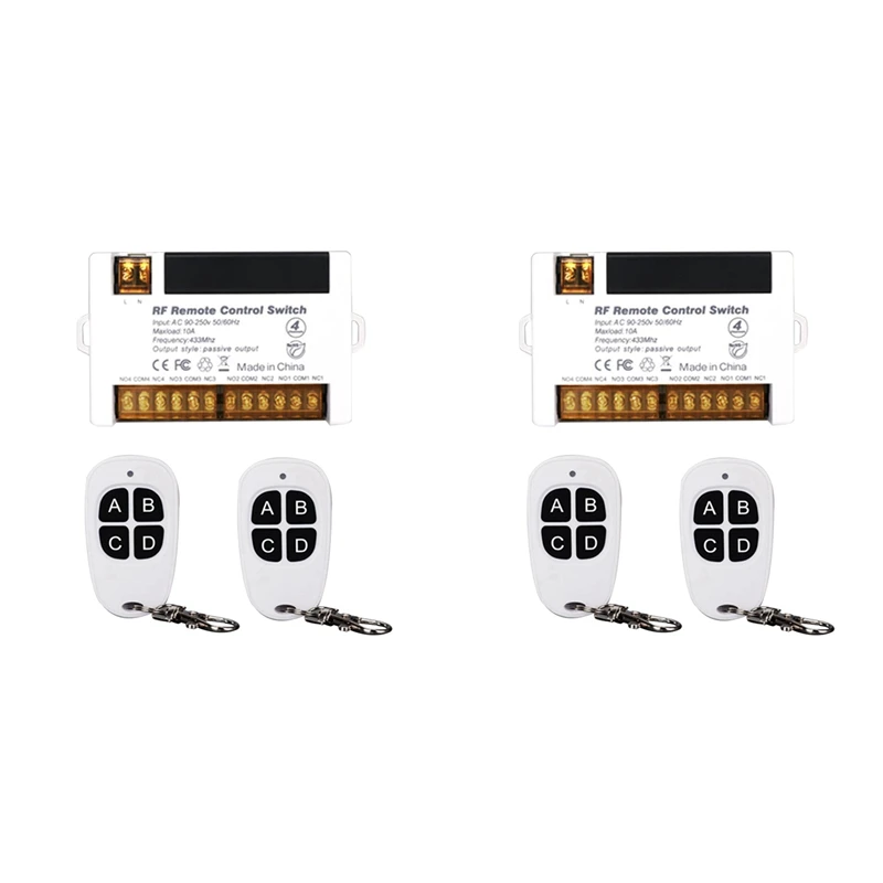 2X 4 Channel Wireless Relay Remote Control Switch 433.92 MHz RF AC90-250V 10A Relay Receiver with 4 Remote Control
2X 4 Channel Wireless Relay Remote Control Switch 433.92 MHz RF AC90-250V 10A Relay Receiver with 4 Remote Control