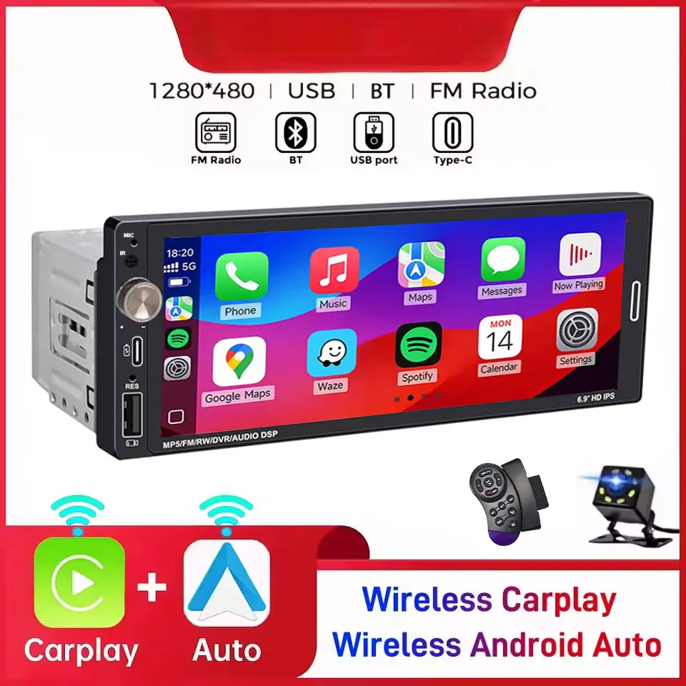 Автомобильный радиоприемник 1Din CarPlay Android AUTO Универсальный 6,9-дюймовый HD-сенсорный экран Автомобильный радиоприемник FM-стерео MP5 Мультимедийный плеер BT USB Зарядка
Автомобильный радиоприемник 1Din CarPlay Android AUTO Универсальный 6,9-дюймовый HD-сенсорный экран Автомобильный радиоприемник FM-стерео MP5 Мультимедийный плеер BT USB Зарядка
