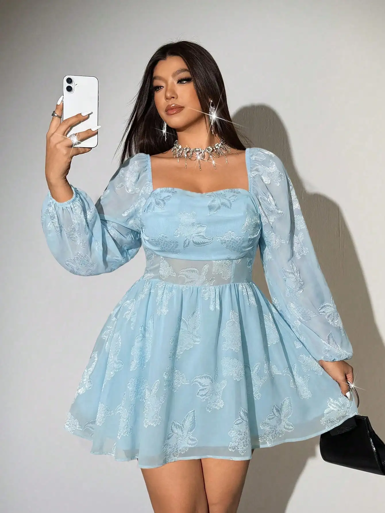 Light Blue Floral Embroidered Square Neck Long Sleeve Plus Size Mini Dress For Party Holiday Evening Wear
Light Blue Floral Embroidered Square Neck Long Sleeve Plus Size Mini Dress For Party Holiday Evening Wear