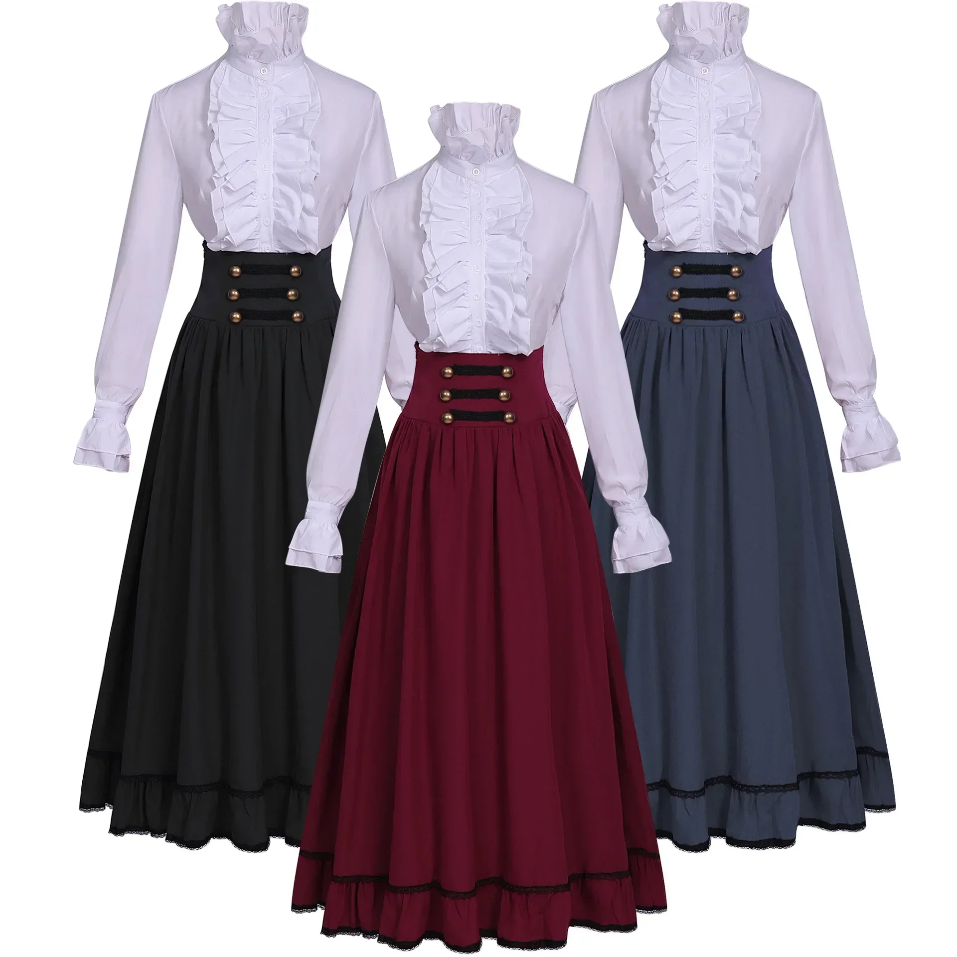 New Women Ruffled Hem Swing Skits High Waist Solid Color 19th Century Renaissance Dress Victorian Medieval Shirt Cosplay Costume
New Women Ruffled Hem Swing Skits High Waist Solid Color 19th Century Renaissance Dress Victorian Medieval Shirt Cosplay Costume