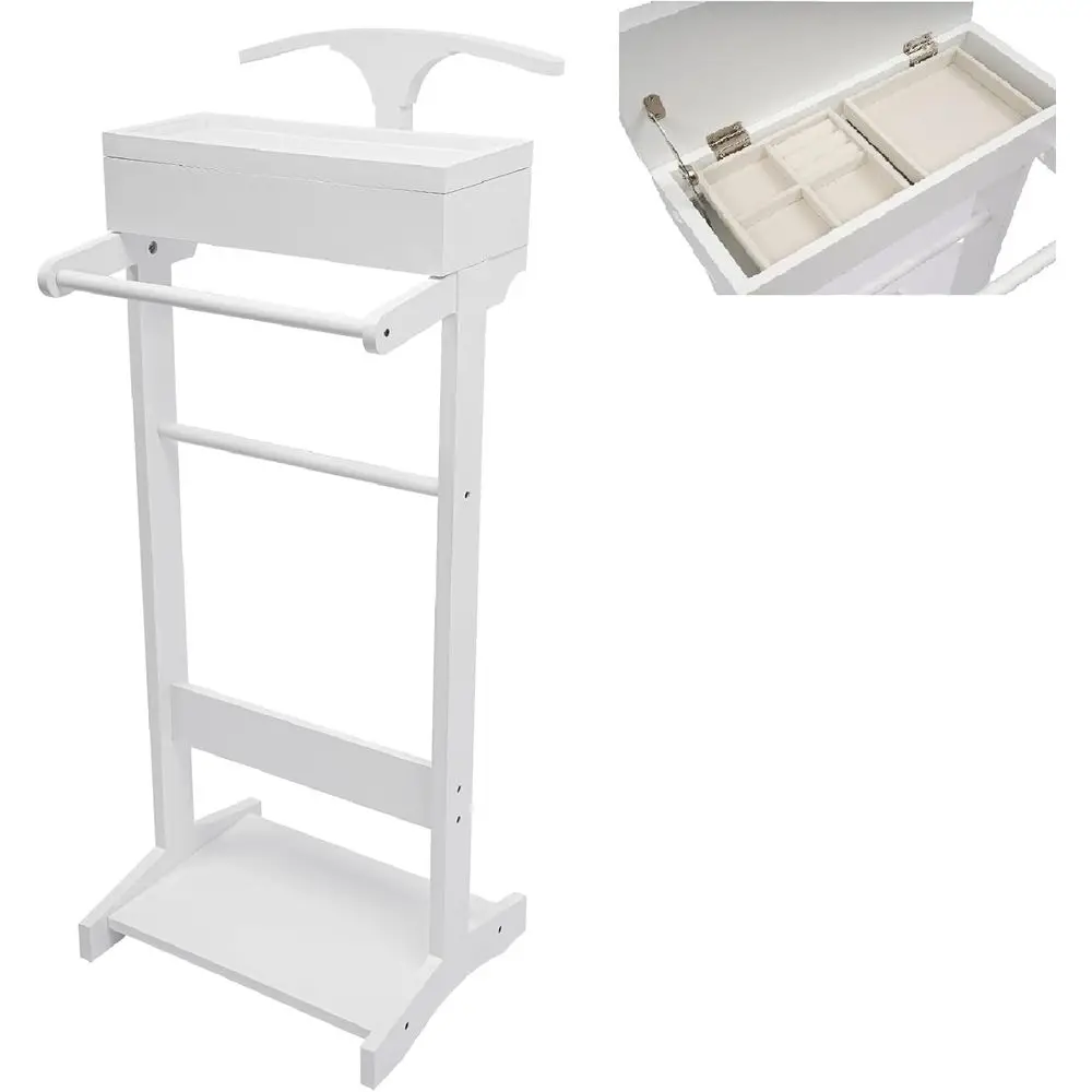 White Wooden Valet Stand with Shoe Shelf, Coat Hanger, Hat Rack, and Storage Organizer
White Wooden Valet Stand with Shoe Shelf, Coat Hanger, Hat Rack, and Storage Organizer