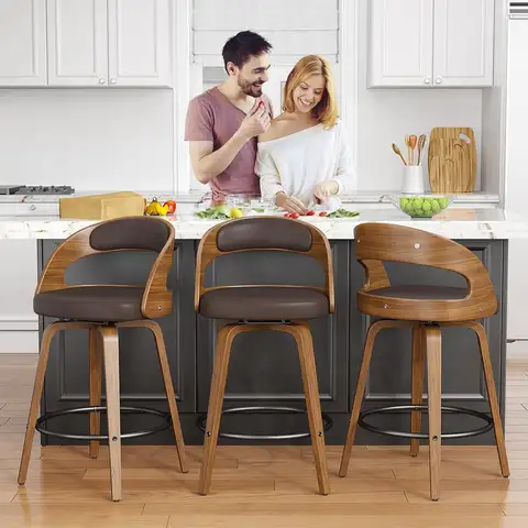26in Bentwood Counter Stools Set 3 PU Leather Swivel Bar Chair with Back Footrest Kitchen Cafe Dining, Custom