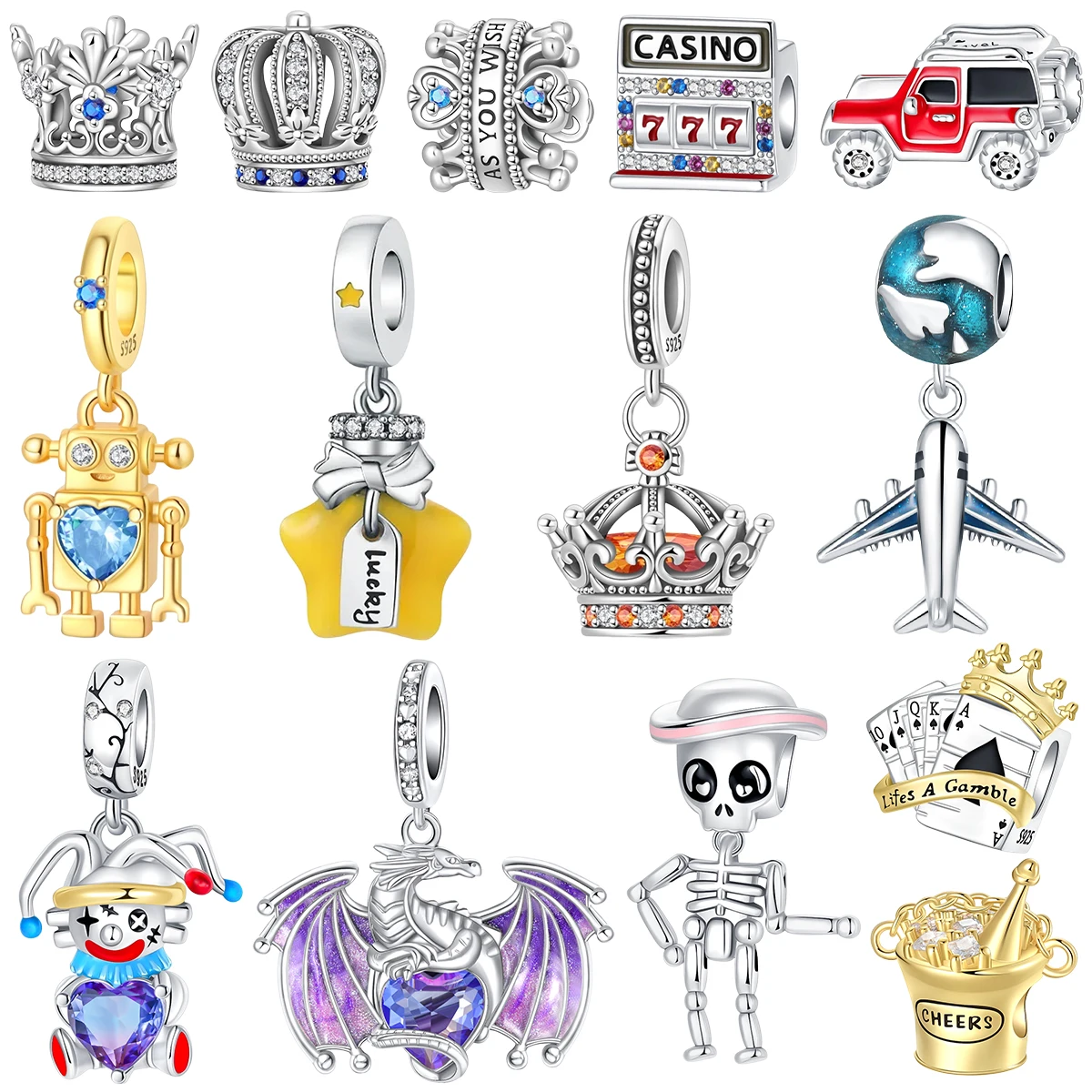 925 Sterling Silver Retro Lucky Fantasy Travel Crown Robot Dragon Skeleton Casino Airplane Charm Inlaid Gem DIY Bracelet Jewelry
925 Sterling Silver Retro Lucky Fantasy Travel Crown Robot Dragon Skeleton Casino Airplane Charm Inlaid Gem DIY Bracelet Jewelry