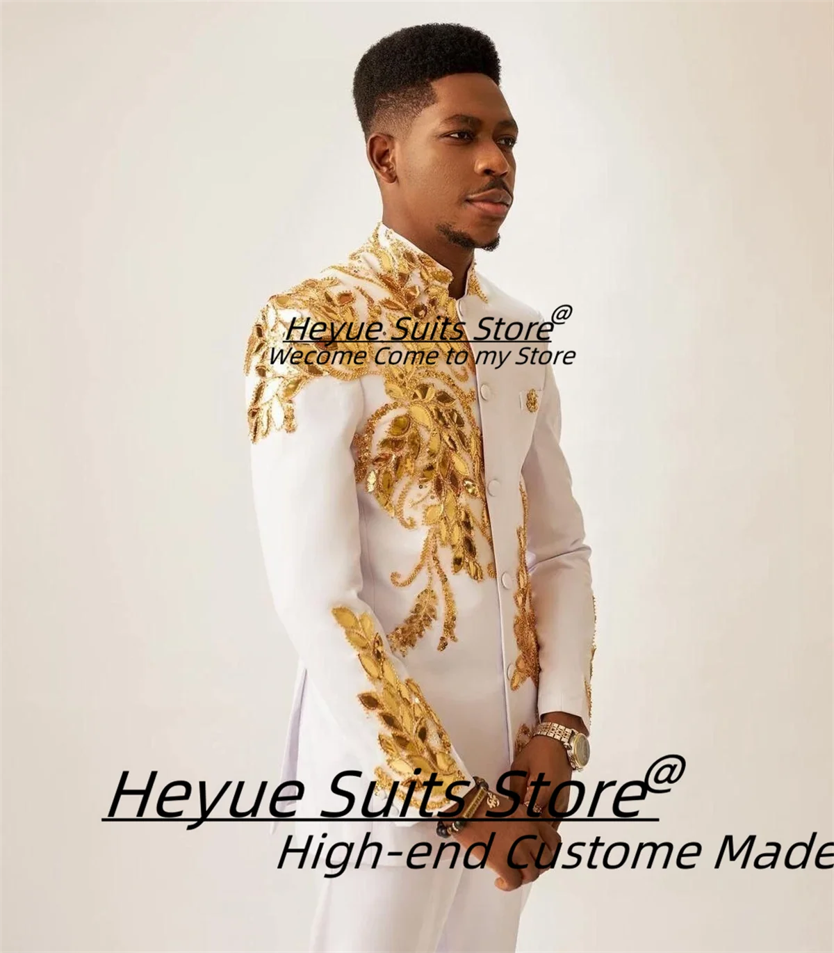 Luxurious Gold Decal Embroidery Groom Wedding Tuxedos Customized Slim Fit Stand Collar Men Suits 2 Pieces Sets Costume Homme
Luxurious Gold Decal Embroidery Groom Wedding Tuxedos Customized Slim Fit Stand Collar Men Suits 2 Pieces Sets Costume Homme 