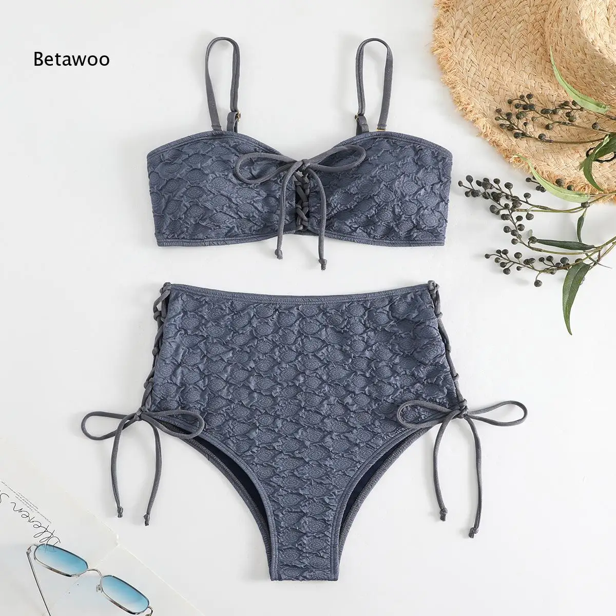 Women's Textured High Waisted Bikini Set Lace Up Bandeau Top Swimwear Beach Bathing Suit Two Piece Swimsuit Summer Pool Wear
Women's Textured High Waisted Bikini Set Lace Up Bandeau Top Swimwear Beach Bathing Suit Two Piece Swimsuit Summer Pool Wear