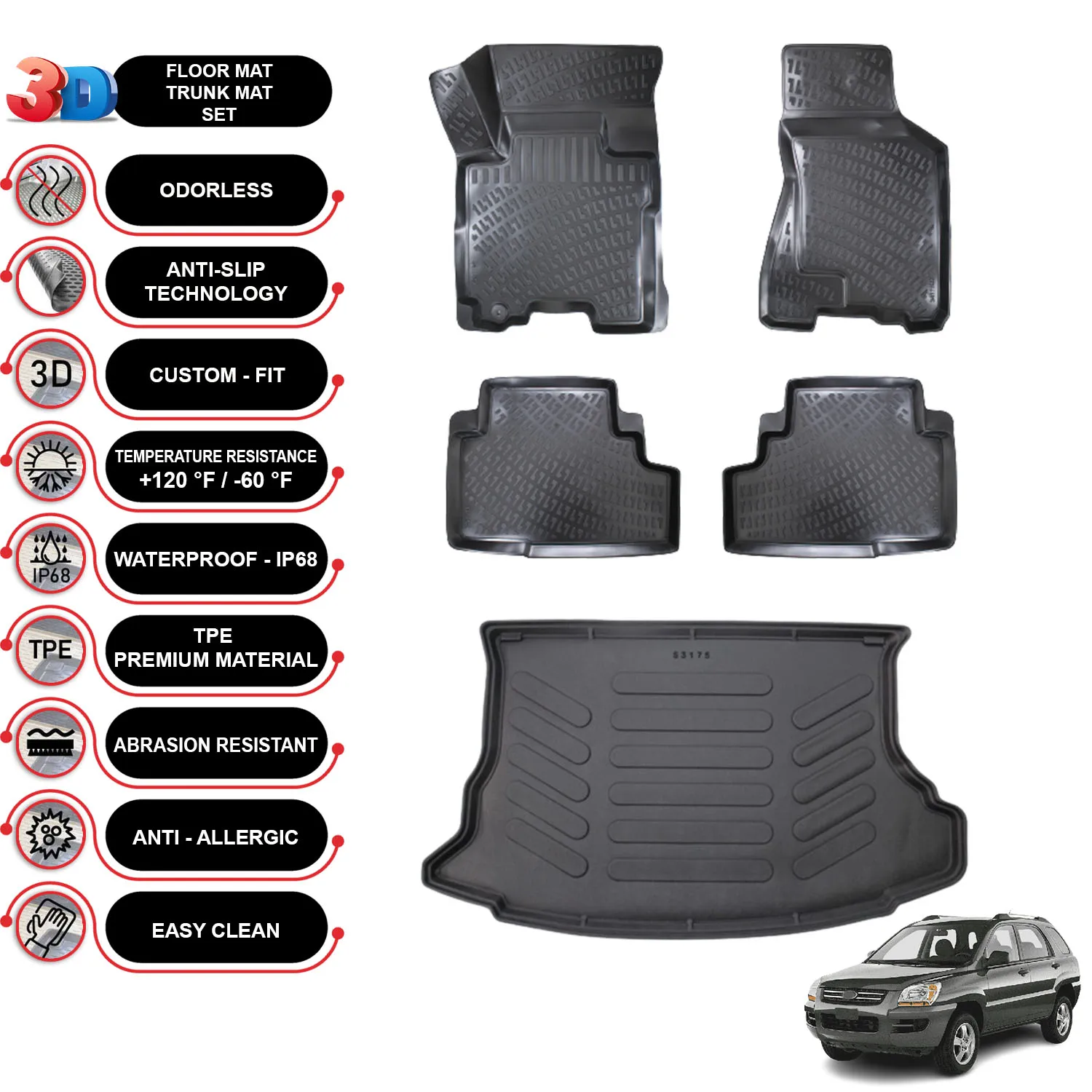 Kia Sportage - (2005-2010) - Floor Mats + Cargo Trunk Liner - SET - (Black)
Kia Sportage - (2005-2010) - Floor Mats + Cargo Trunk Liner - SET - (Black)