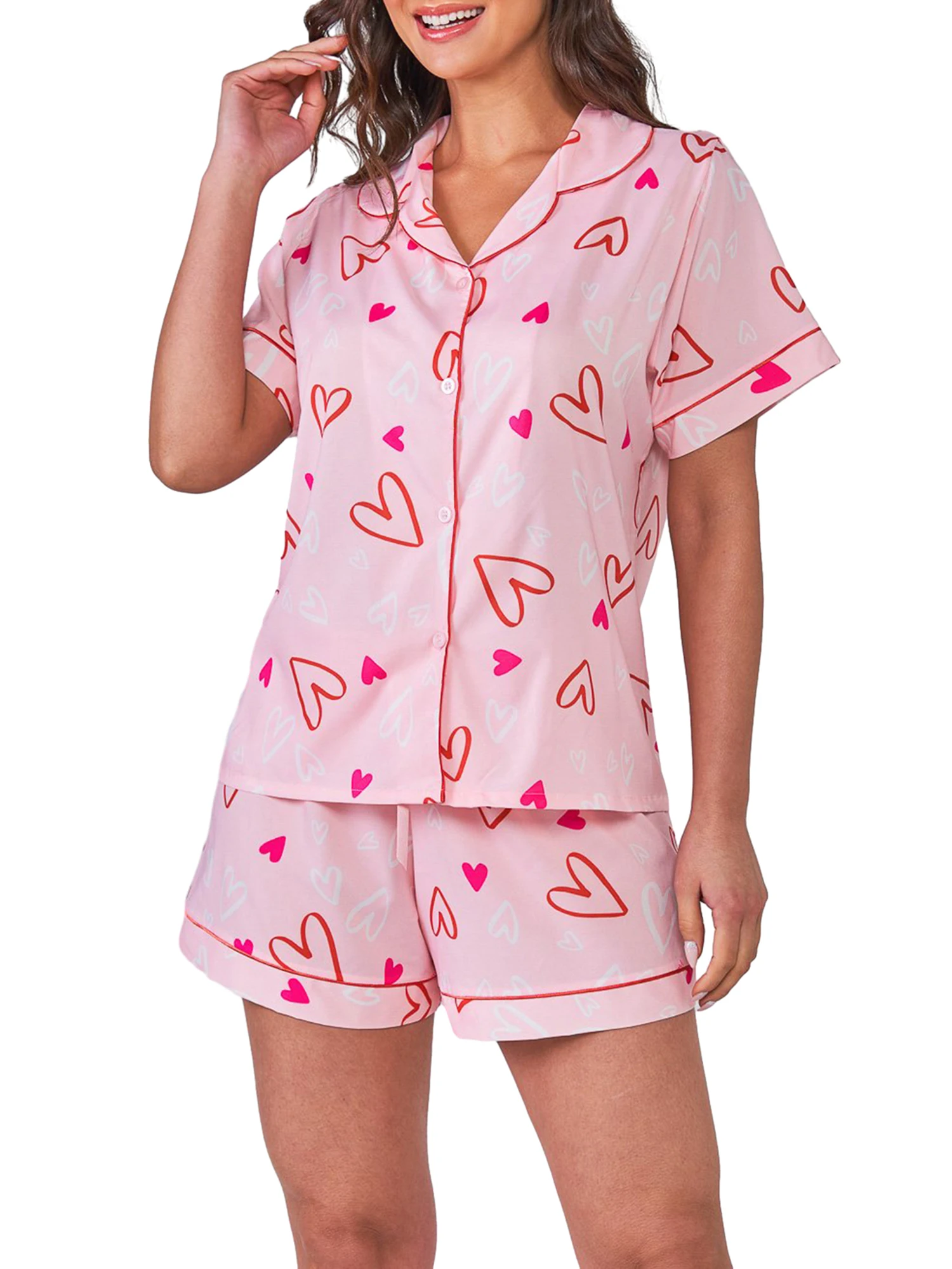 Women s 2 Piece Lounge Set Short Sleeve Lapel Shirt Tops Heart Print Shorts Sleepwear Sets
Women s 2 Piece Lounge Set Short Sleeve Lapel Shirt Tops Heart Print Shorts Sleepwear Sets