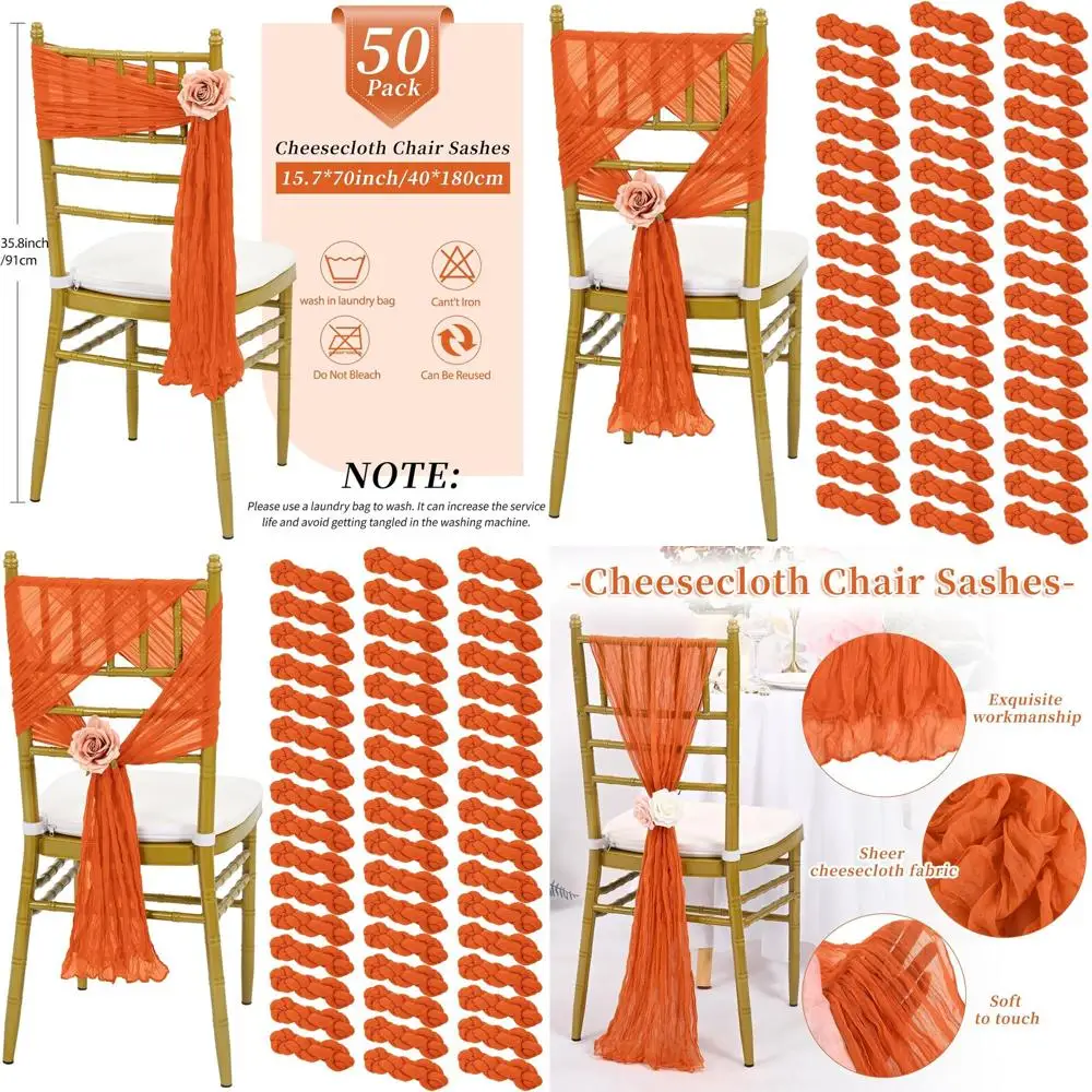 Orange 50-Piece Cheesecloth Chair Sashes, 15.7 x 70 Bow-Designed for Weddings, Banquets, and Parties
Orange 50-Piece Cheesecloth Chair Sashes, 15.7 x 70 Bow-Designed for Weddings, Banquets, and Parties