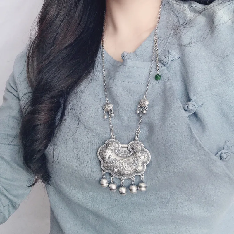 Колье из тонкого серебра 999 пробы ручной работы: подвеска с замком безопасности в этническом стиле «рыба-лотос», винтажное многослойное ожерелье
Колье из тонкого серебра 999 пробы ручной работы: подвеска с замком безопасности в этническом стиле «рыба-лотос», винтажное многослойное ожерелье