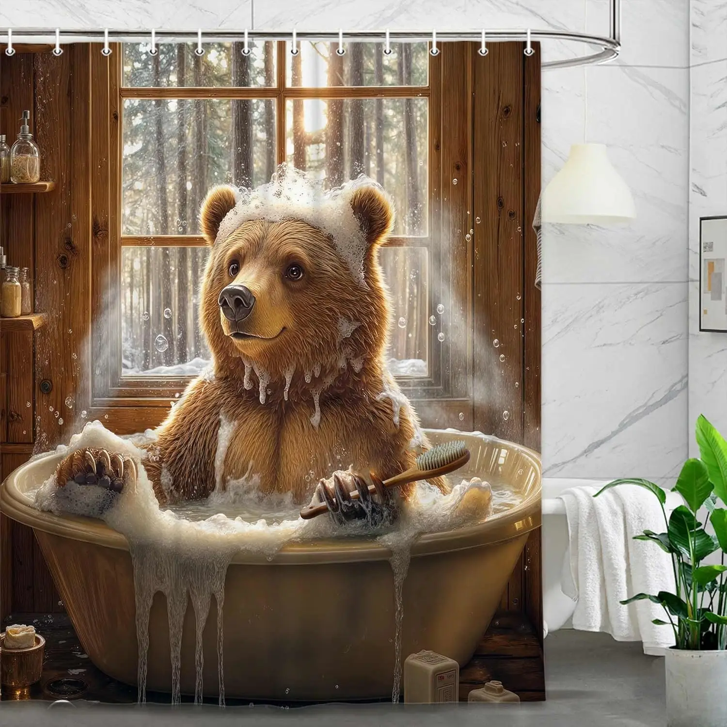 Brown Bear Taking Bubble Bath Shower Curtain with Wooden Tub and Forest Window View Cozy Bathroom Decor
Brown Bear Taking Bubble Bath Shower Curtain with Wooden Tub and Forest Window View Cozy Bathroom Decor