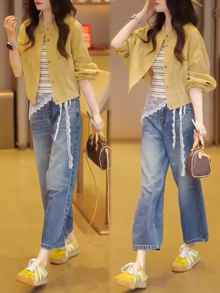 Fashionable Casual Stripe Women's Set Summer 2026 Sun Protection Outerwear Denim Crop Top High Waist Jeans Two-Piece Suit
Fashionable Casual Stripe Women's Set Summer 2026 Sun Protection Outerwear Denim Crop Top High Waist Jeans Two-Piece Suit