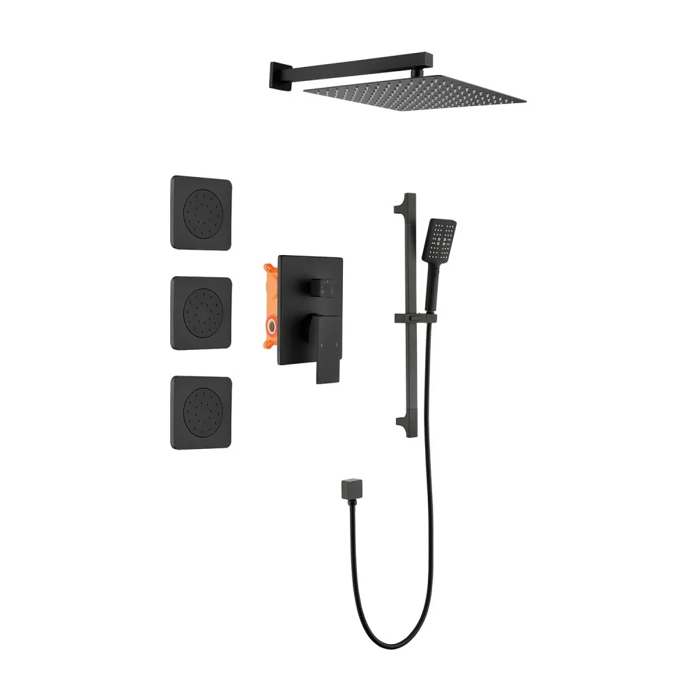 Shower System with Shower Head, Hand Shower, Slide Bar, Bodysprays, Shower Arm, Hose, Valve Trim, and Lever Handles
Shower System with Shower Head, Hand Shower, Slide Bar, Bodysprays, Shower Arm, Hose, Valve Trim, and Lever Handles
