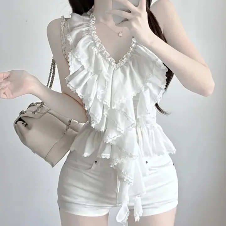 Summer Women's Lace Splice Backless Crop Top Strap Vest Irregular Hem V-Neck Sleeveless Korean Style Sweet And Spicy Girl
Summer Women's Lace Splice Backless Crop Top Strap Vest Irregular Hem V-Neck Sleeveless Korean Style Sweet And Spicy Girl