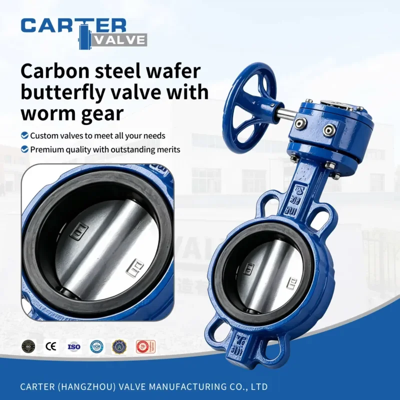 Worm Gear Wafer Butterfly Valve, Carbon Steel WCB Body, Wafer Connection, Manual Operated, Soft Seal Compliant with ASME
Worm Gear Wafer Butterfly Valve, Carbon Steel WCB Body, Wafer Connection, Manual Operated, Soft Seal Compliant with ASME
