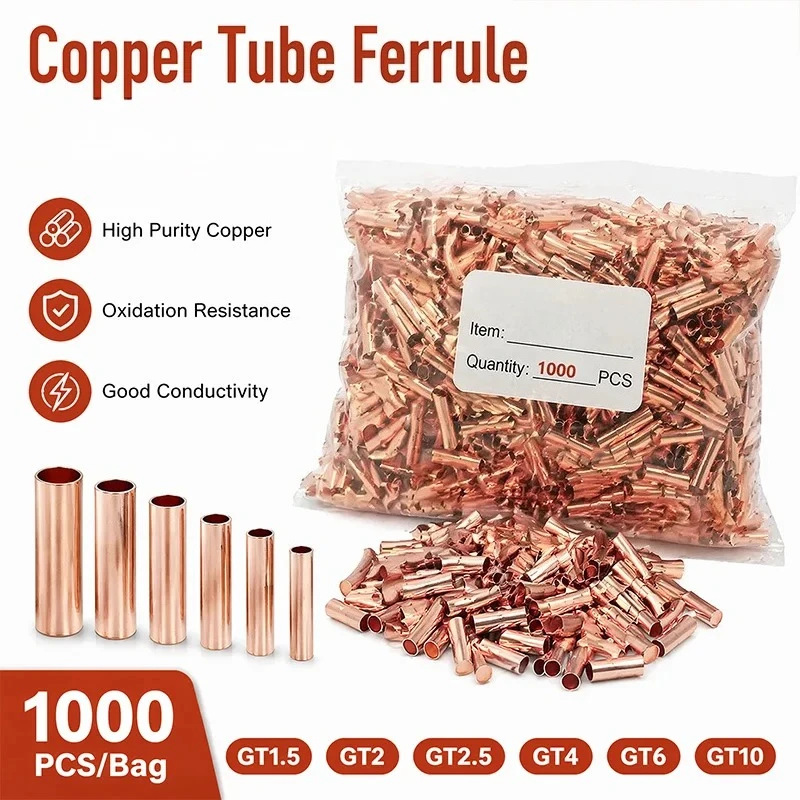 1000Pcs Copper Tube Ferrule GT1.5 GT2 GT2.5 GT4 6 GT10 Non Insulated Splice Crimp Terminal Wire Connector Cable Sleeve Bootlace
1000Pcs Copper Tube Ferrule GT1.5 GT2 GT2.5 GT4 6 GT10 Non Insulated Splice Crimp Terminal Wire Connector Cable Sleeve Bootlace