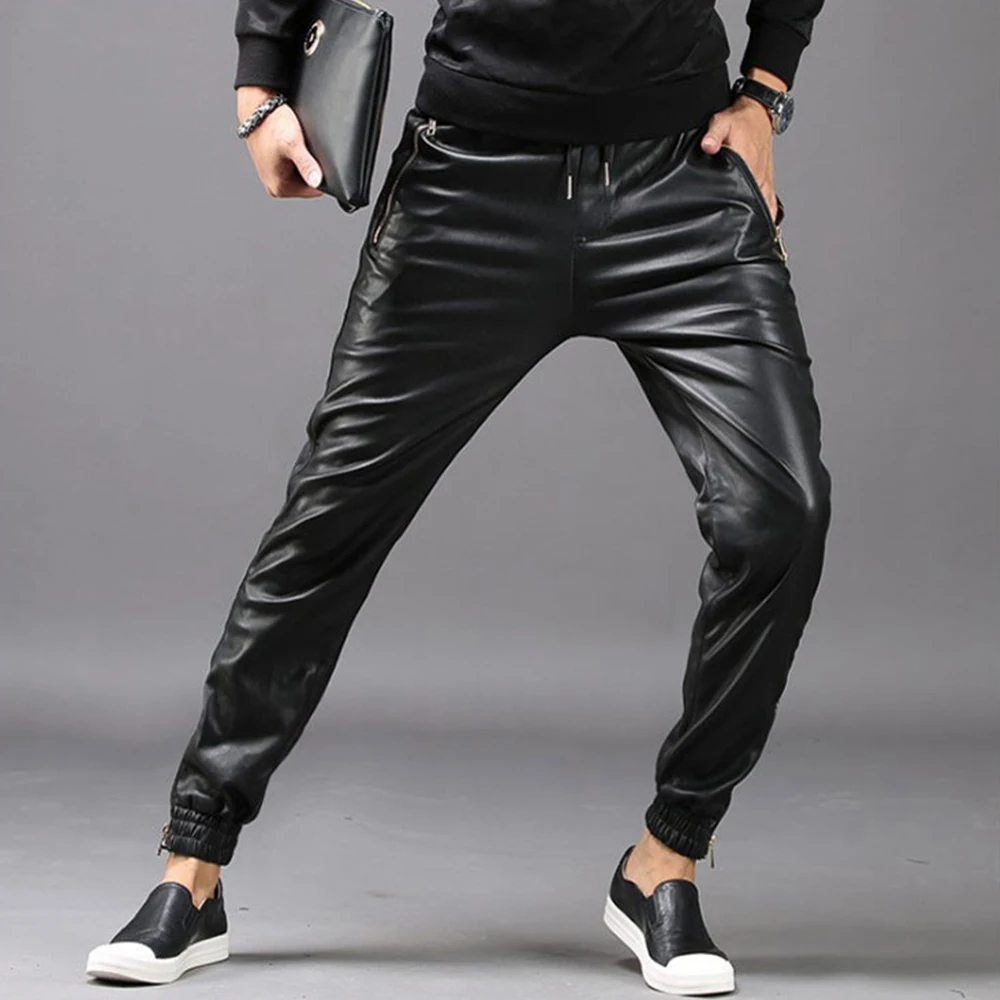 New Men's Pu Pantsmoto Faux Leather Fashion Elastic Waist Pants Men Joggers Zipper Pockets Black Streetwear Slim Pencil Pant Clo
New Men's Pu Pantsmoto Faux Leather Fashion Elastic Waist Pants Men Joggers Zipper Pockets Black Streetwear Slim Pencil Pant Clo