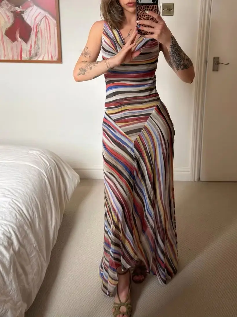 Swinging Collar Women Striped Maxi Dress Summer 2026 Sleeveless High Waist Casual Slim 100% Silk Robe
Swinging Collar Women Striped Maxi Dress Summer 2026 Sleeveless High Waist Casual Slim 100% Silk Robe
