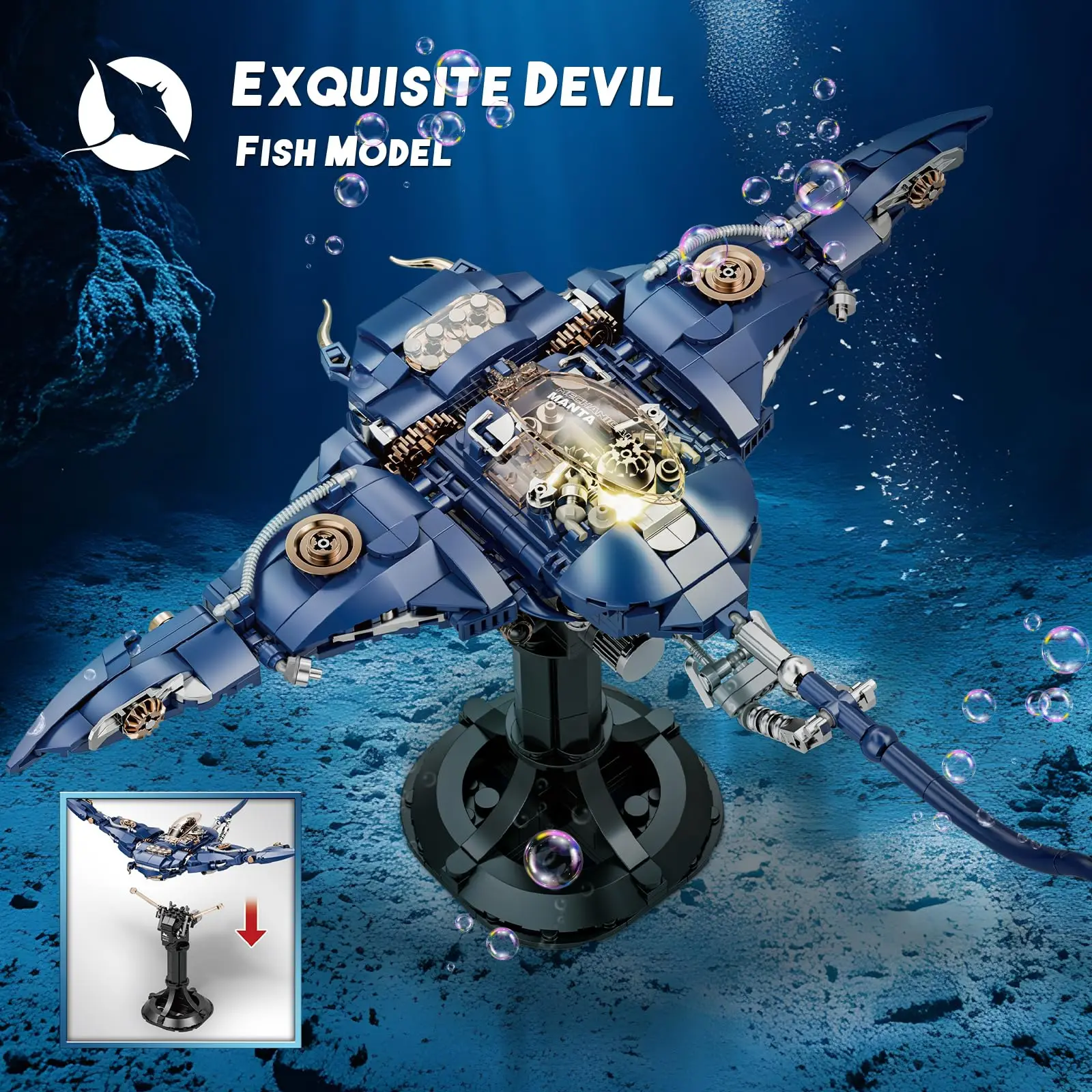 689PCS Mechanical Manta Building Block Toy Set Devil Fish Model Kit with Movable Wings and Tail Manta Ray Gifts for Kids Boys
689PCS Mechanical Manta Building Block Toy Set Devil Fish Model Kit with Movable Wings and Tail Manta Ray Gifts for Kids Boys
