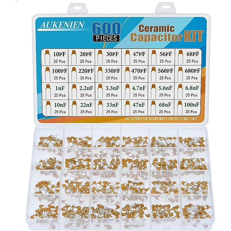 AUKENIEN 24 Value 600 Piece Ceramic Capacitor Set Capacitors Assortment from 10pF to 100nF Ceramic Capacitor Kit
AUKENIEN 24 Value 600 Piece Ceramic Capacitor Set Capacitors Assortment from 10pF to 100nF Ceramic Capacitor Kit