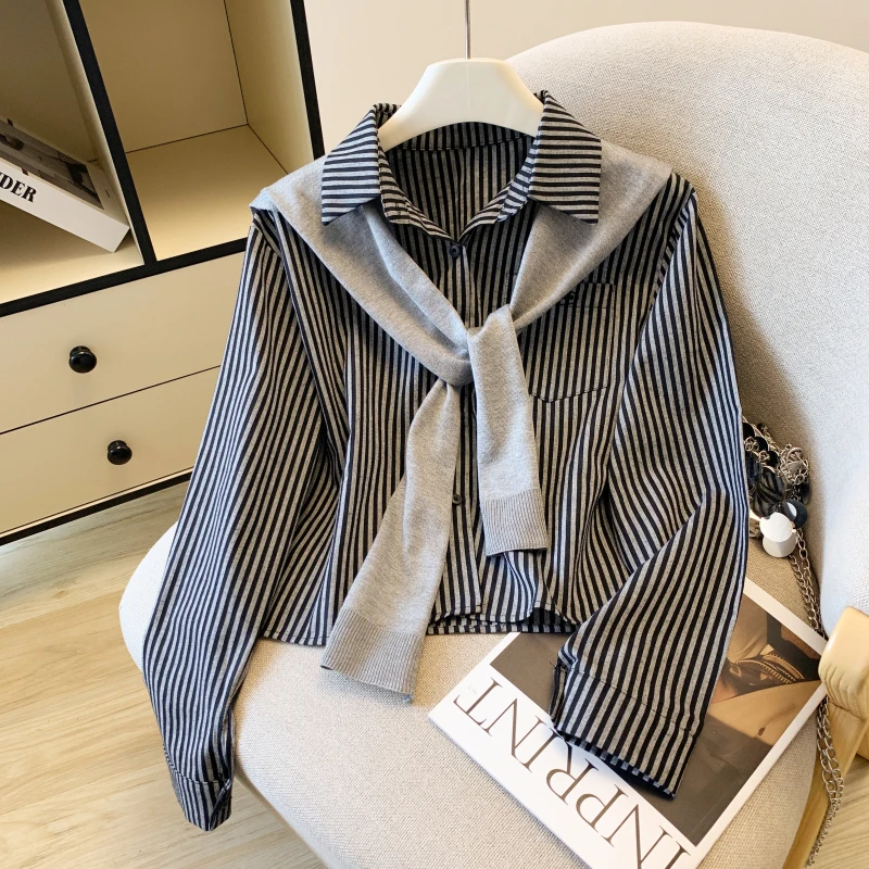 Black Stripe Long Sleeve Collar Women's Shirt with Shoulder Scarf Spring Autumn Korean Style Casual Fashion Top
Black Stripe Long Sleeve Collar Women's Shirt with Shoulder Scarf Spring Autumn Korean Style Casual Fashion Top