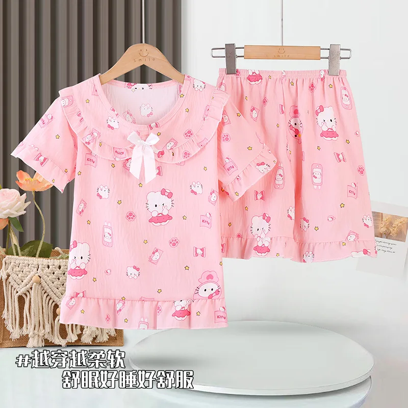 Детский летний пижамный комплект Kawaii Hello Kitty для девочек, корейские шорты Sanrio с короткими рукавами, тонкие, мягкие, удобные, милые домашние вещи для девочек
Детский летний пижамный комплект Kawaii Hello Kitty для девочек, корейские шорты Sanrio с короткими рукавами, тонкие, мягкие, удобные, милые домашние вещи для девочек