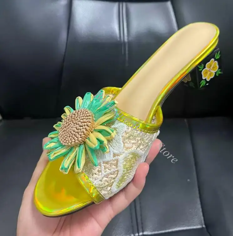 Bright Sunflower Floral Embroidery Lace Slipper Sandals Women Flower 6 cm Cube High Heel Peep Toe slingbacks Slide Shoes
Bright Sunflower Floral Embroidery Lace Slipper Sandals Women Flower 6 cm Cube High Heel Peep Toe slingbacks Slide Shoes